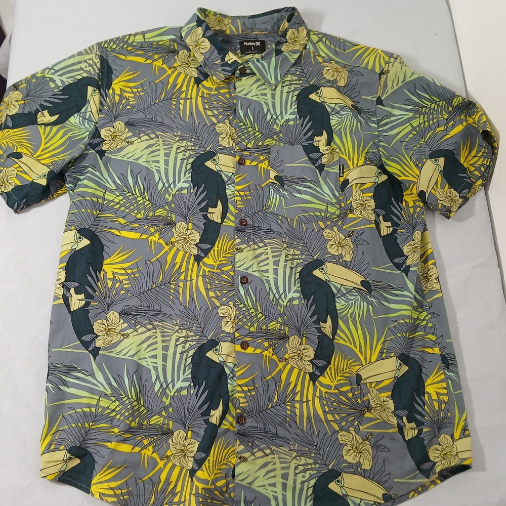Hurley Gray and Yellow Tropical Print Casual Button Down Shirt